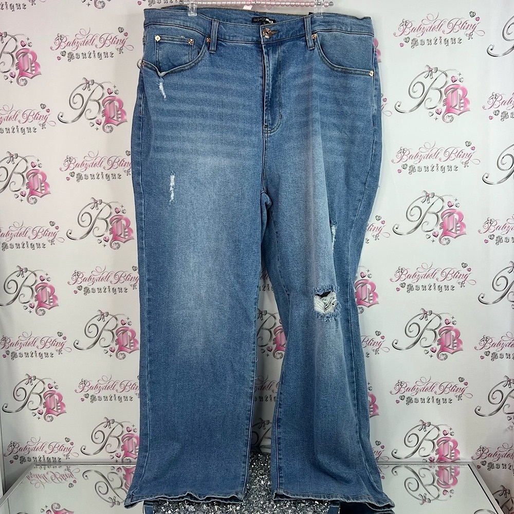 Fashion Nova jeans denim holes Distressed Blue Flare Jeans flare wide leg